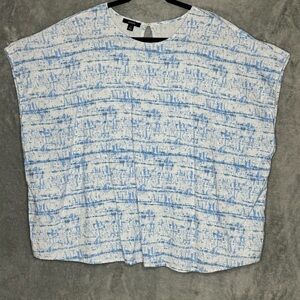 Alfani 3X Shirt Top Blue White Striped Cap Sleeve Round Neck Linen Stretch Boxy